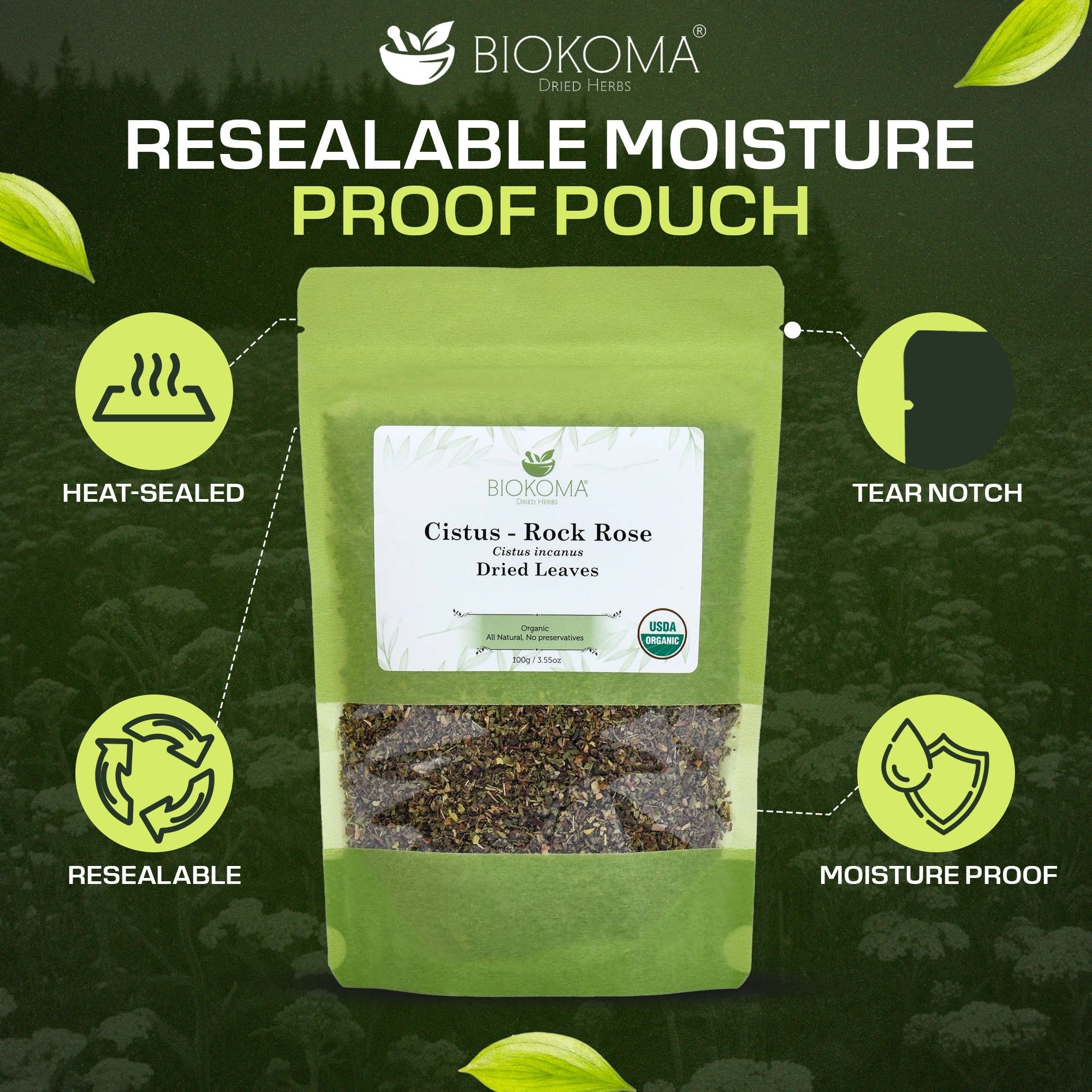 Cistus - Rock Rose (Cistus incanus) Organic Dried Leaves 100g 3.55oz - BIOKOMA® - Dried Herbs