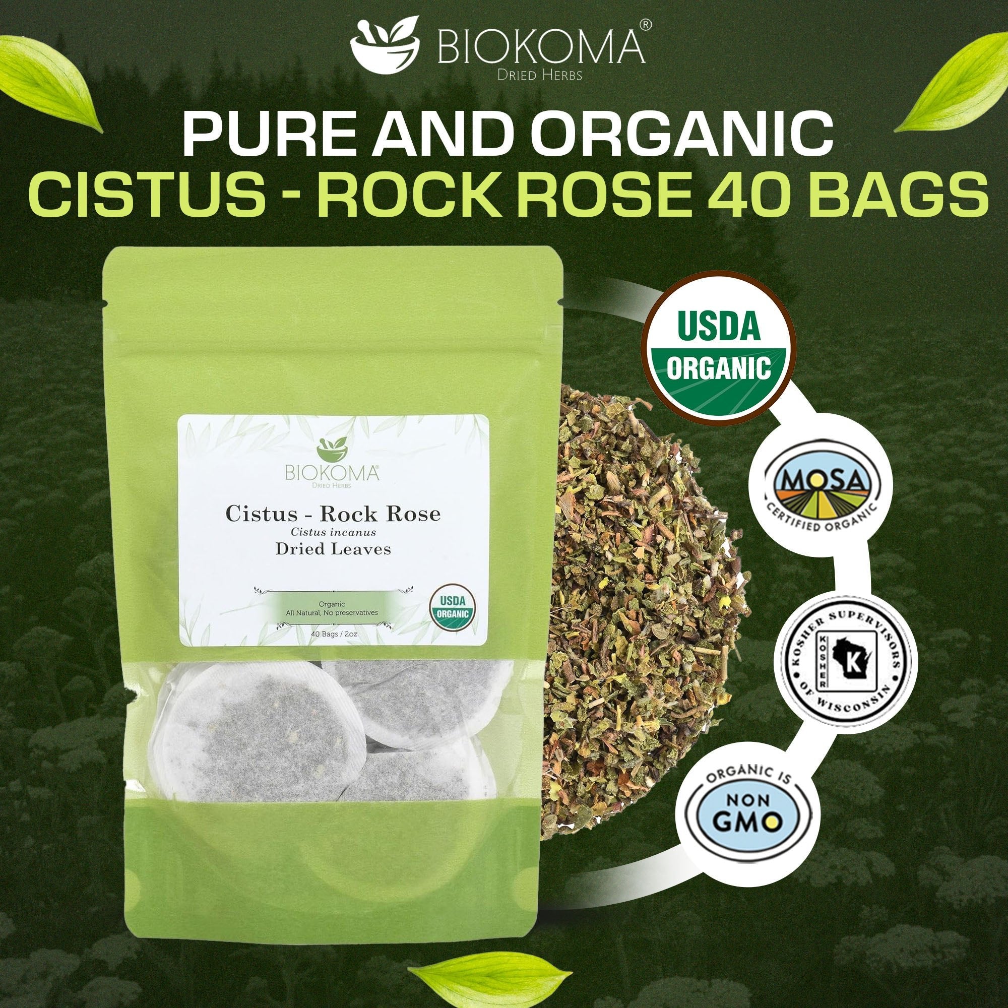 Cistus - Rock Rose (Cistus incanus) Organic Dried Leaves 40 Tea Bags 2oz - BIOKOMA® - Dried Herbs