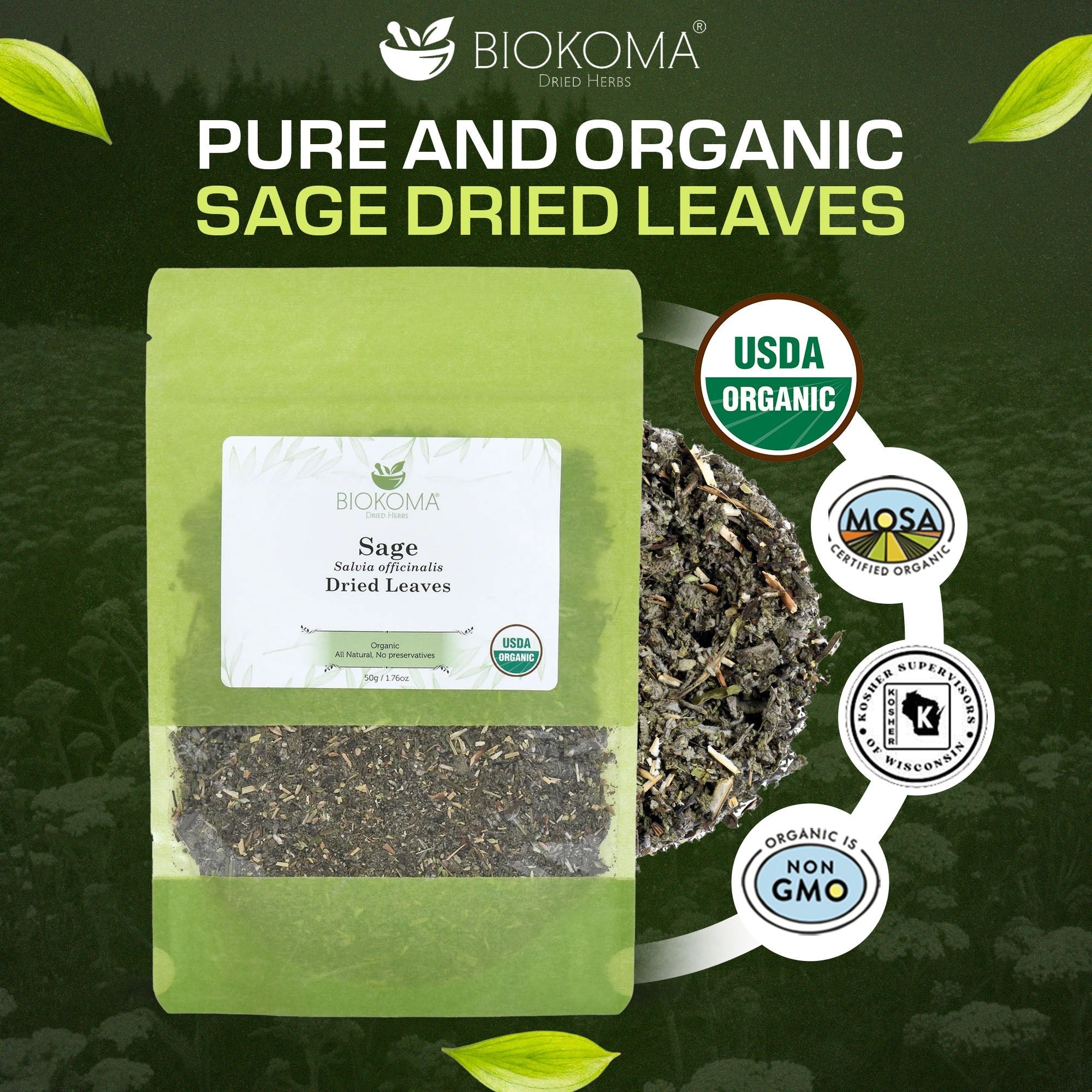 Sage (Salvia officinalis) Organic Dried Leaves 50g 1.76oz - BIOKOMA® - Dried Herbs