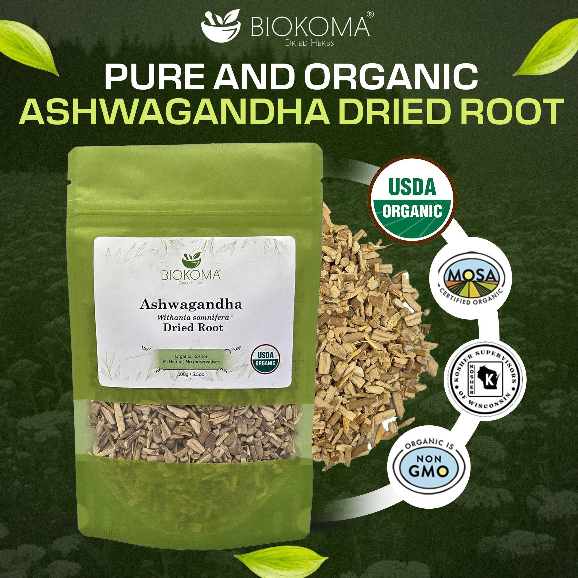 Ashwagandha (Withania somnifera) Organic Dried Root 100g 3.55oz - BIOKOMA® - Dried Herbs