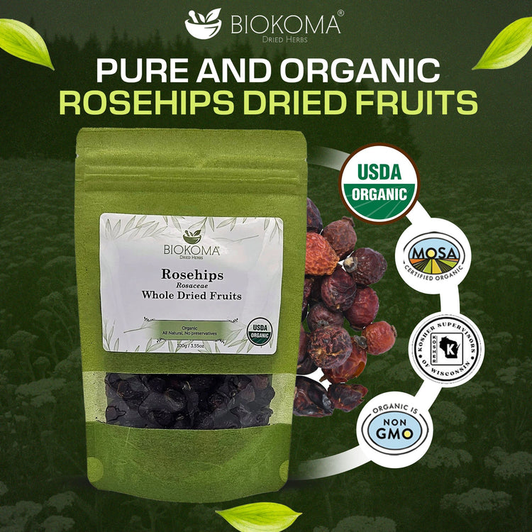 Rosehips (Rosaceae) Organic Dried Whole Fruits 100g 3.55oz - BIOKOMA® - Dried Herbs