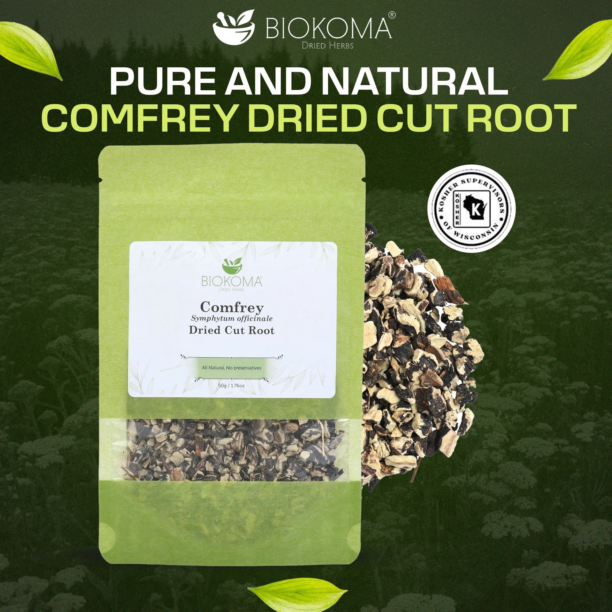 Comfrey (Symphytum officinale) Dried Cut Root 50g 1.76oz - BIOKOMA® - Dried Herbs