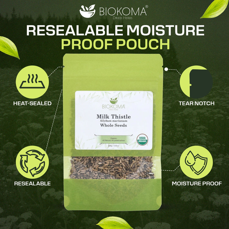 Milk Thistle (Silybum marianum) Organic Whole Seeds 100g 3.55oz - BIOKOMA® - Dried Herbs