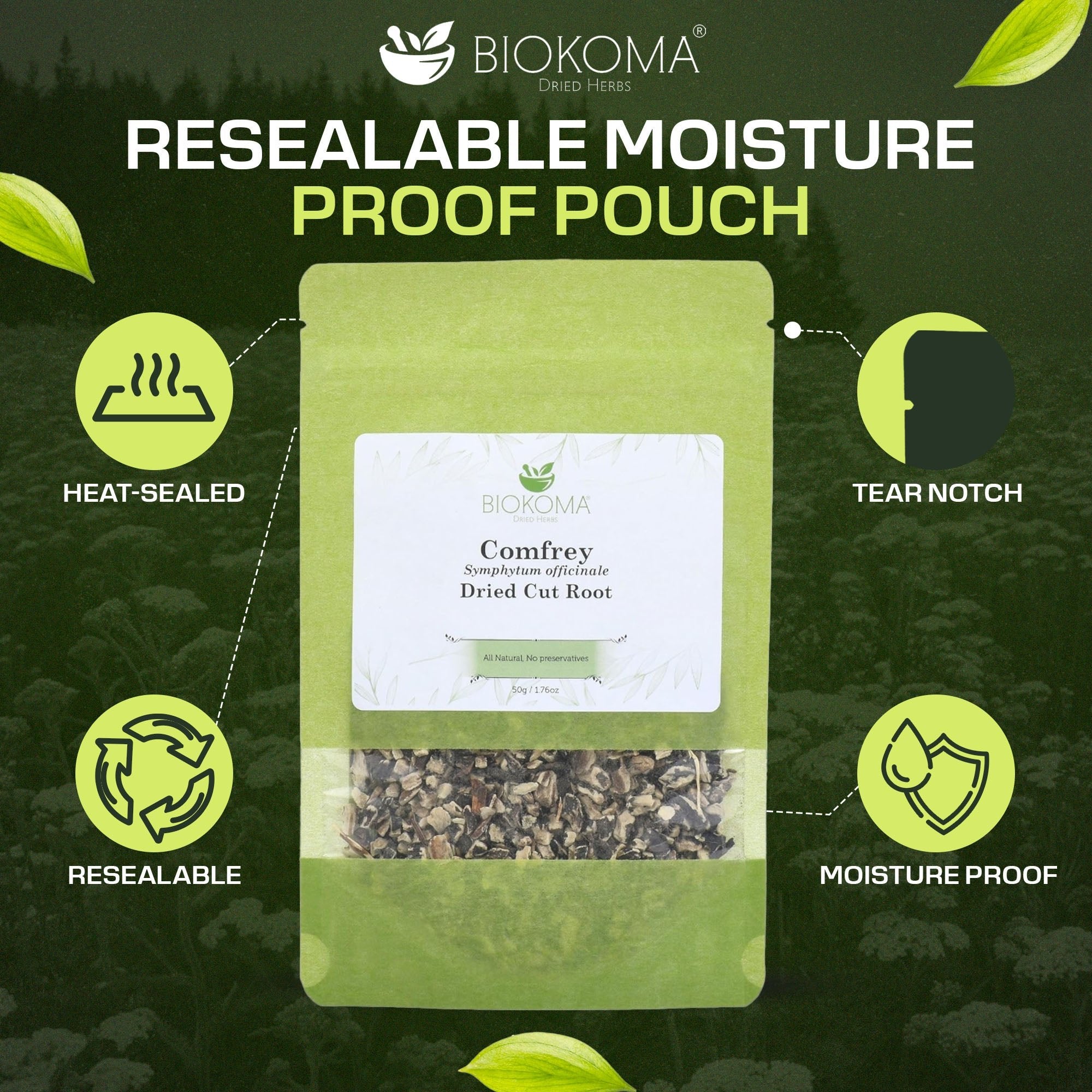Comfrey (Symphytum officinale) Dried Cut Root 50g 1.76oz - BIOKOMA® - Dried Herbs