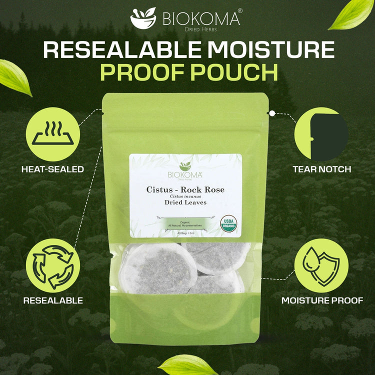 Cistus - Rock Rose (Cistus incanus) Organic Dried Leaves 40 Tea Bags 2oz - BIOKOMA® - Dried Herbs