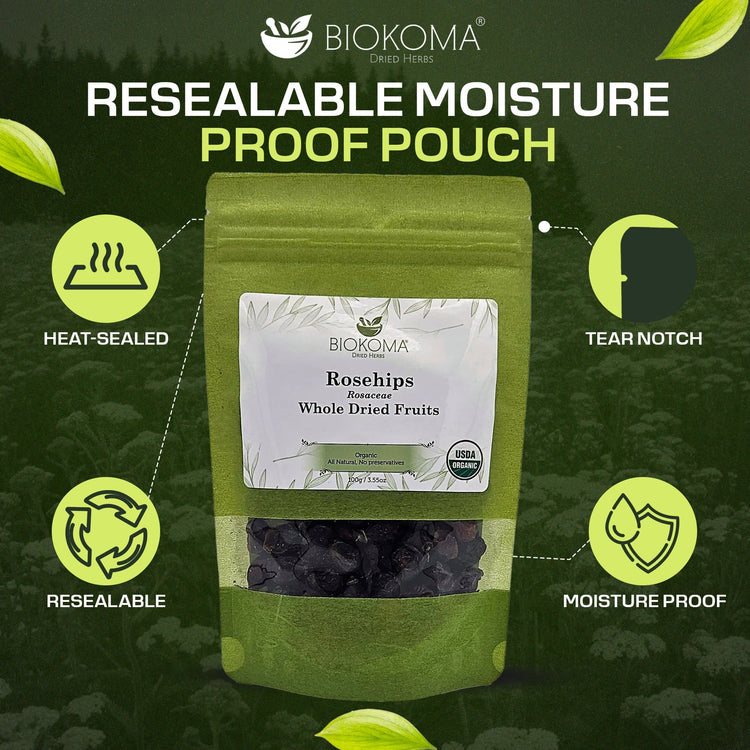 Rosehips (Rosaceae) Organic Dried Whole Fruits 100g 3.55oz - BIOKOMA® - Dried Herbs