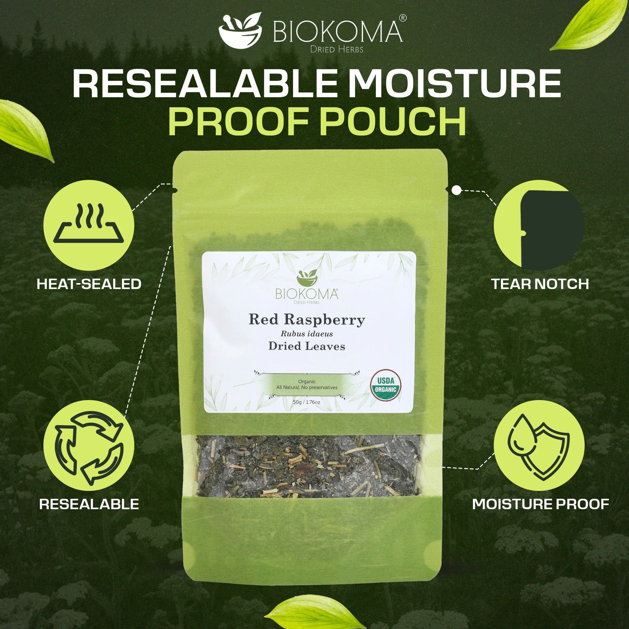 Red Raspberry Leaves (Rubus idaeus) Organic Dried Leaves 50g 1.76oz - BIOKOMA® - Dried Herbs