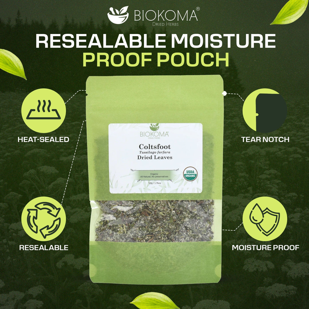 Coltsfoot (Tussilago farfara) Organic Dried Leaves 50g 1.76oz - BIOKOMA® - Dried Herbs