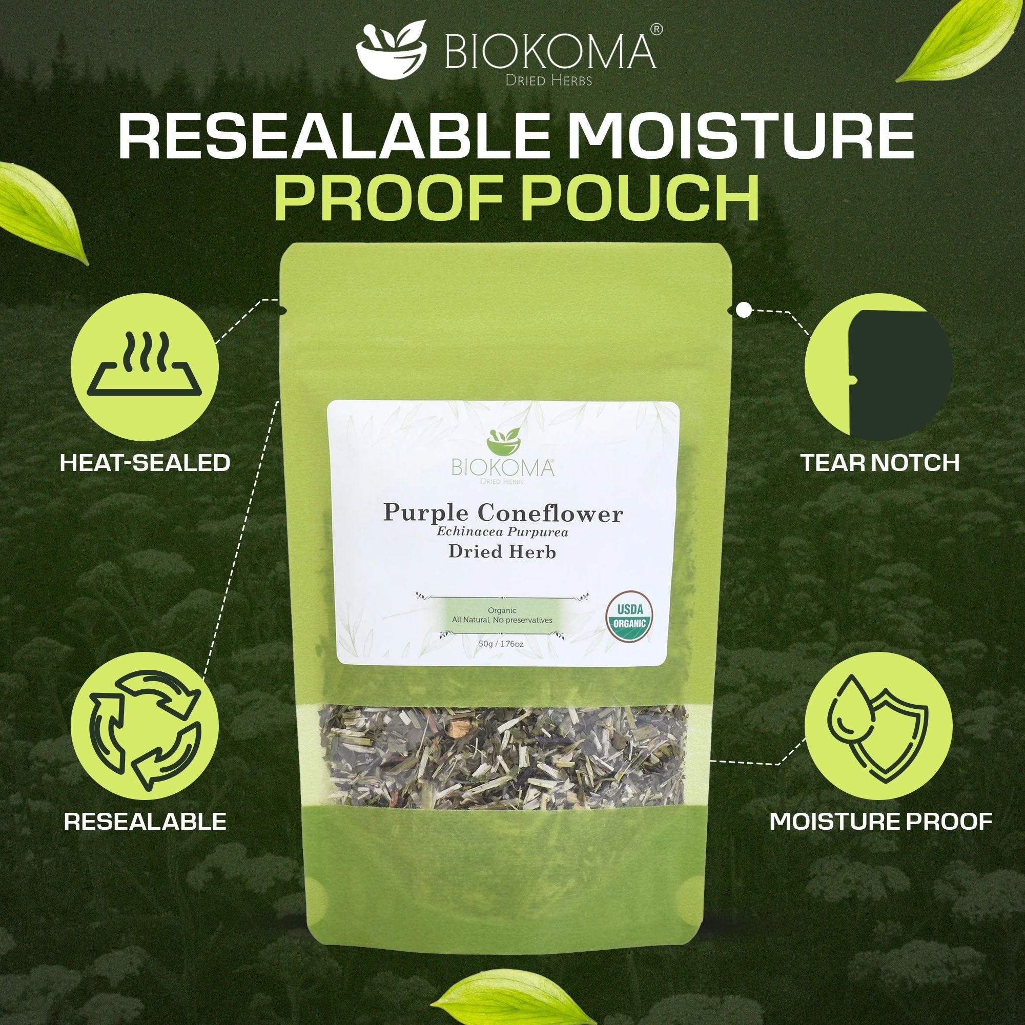 Purple Coneflower (Echinacea Purpurea) Organic Dried Herb 50g 1.76oz - BIOKOMA® - Dried Herbs