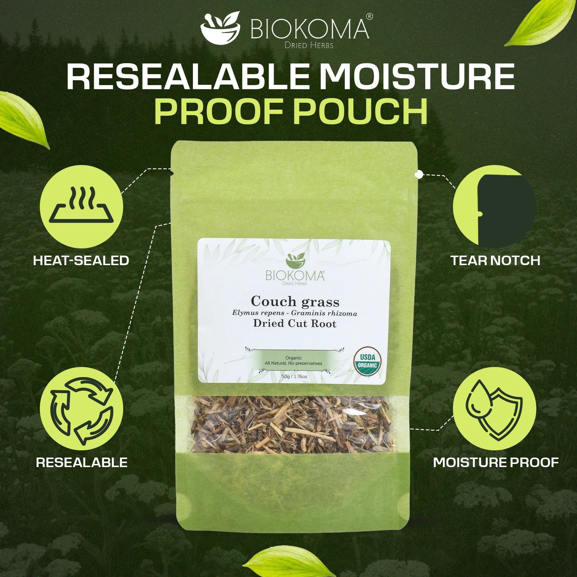 Couch Grass (Elymus repens - Graminis rhizoma) Organic Dried Cut Root 50g 1.76oz - BIOKOMA® - Dried Herbs