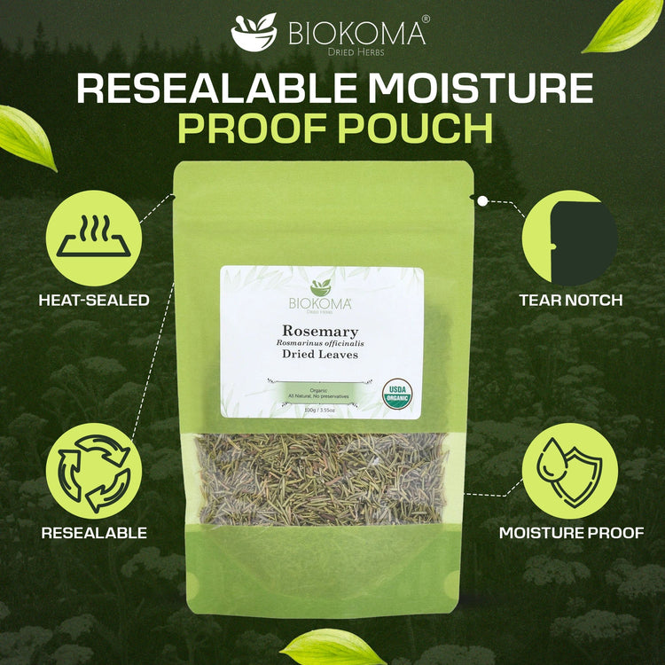 Rosemary (Rosmarinus officinalis) Organic Dried Leaves 100g 3.55oz - BIOKOMA® - Dried Herbs