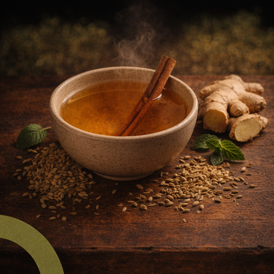 Steaming bowl of herbal tea with cinnamon sticks and ginger on a wooden surface