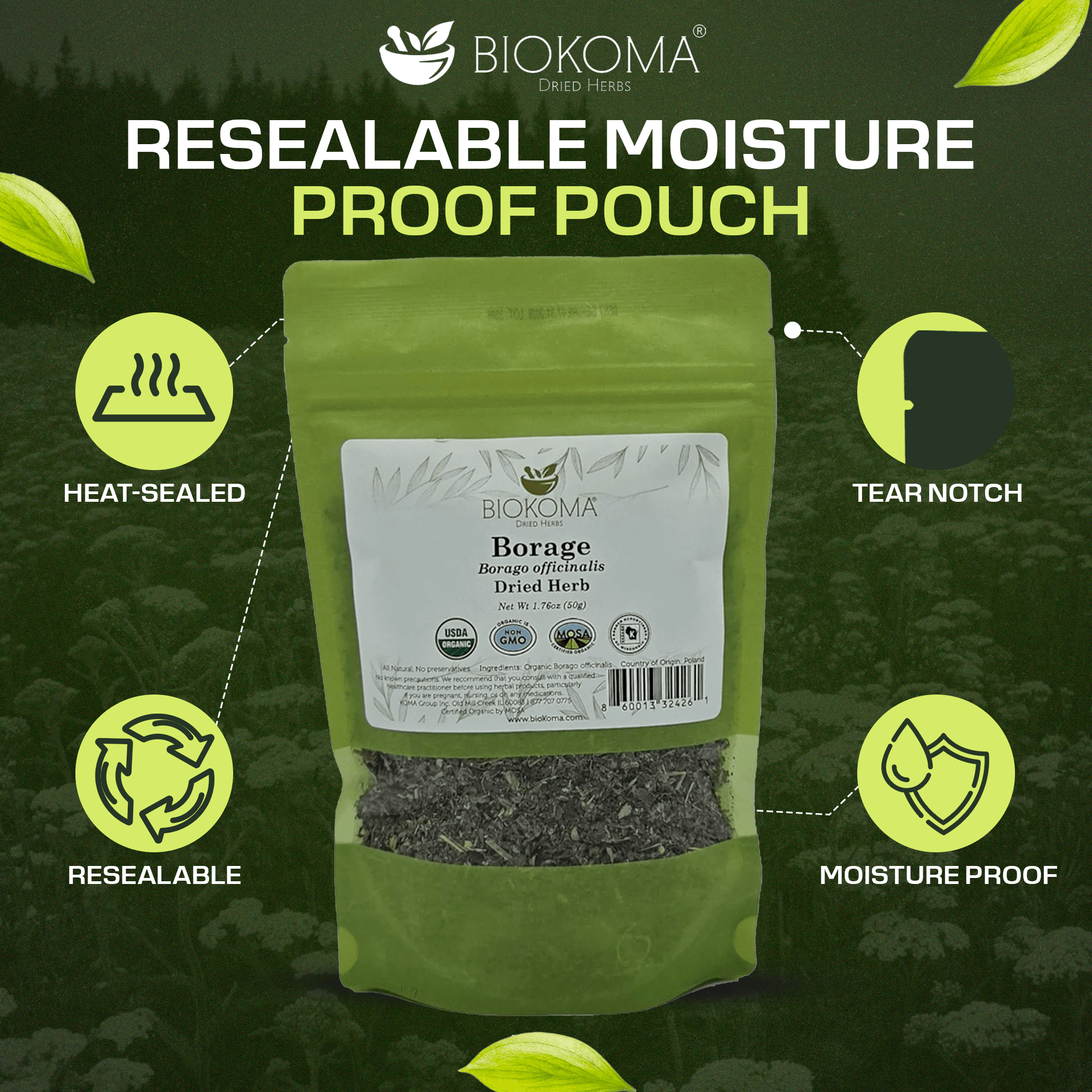 Borage (Borago officinalis) Organic Dried Herb 50g 1.76oz - BIOKOMA® - Dried Herbs