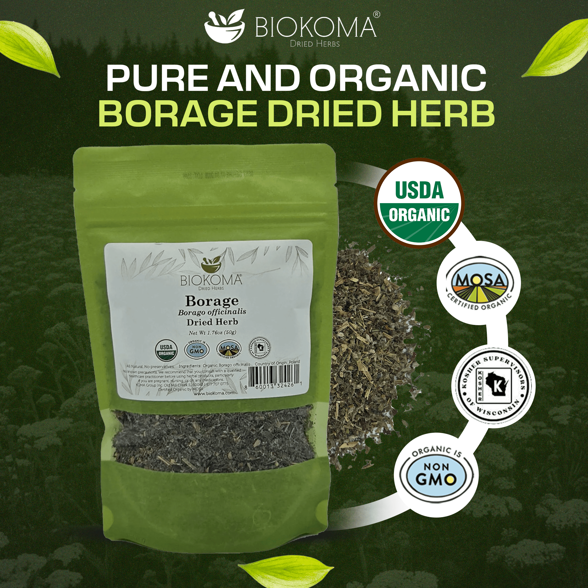 Borage (Borago officinalis) Organic Dried Herb 50g 1.76oz - BIOKOMA® - Dried Herbs