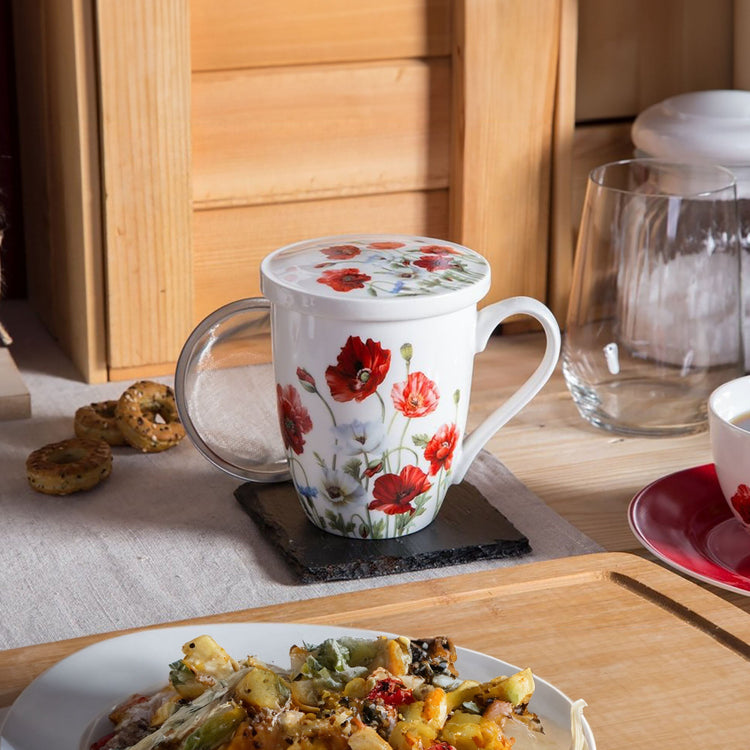 Tea Herb Mug Cup with Infuser and Lid 10fl oz - Poppy-BIOKOMA® - Dried Herbs