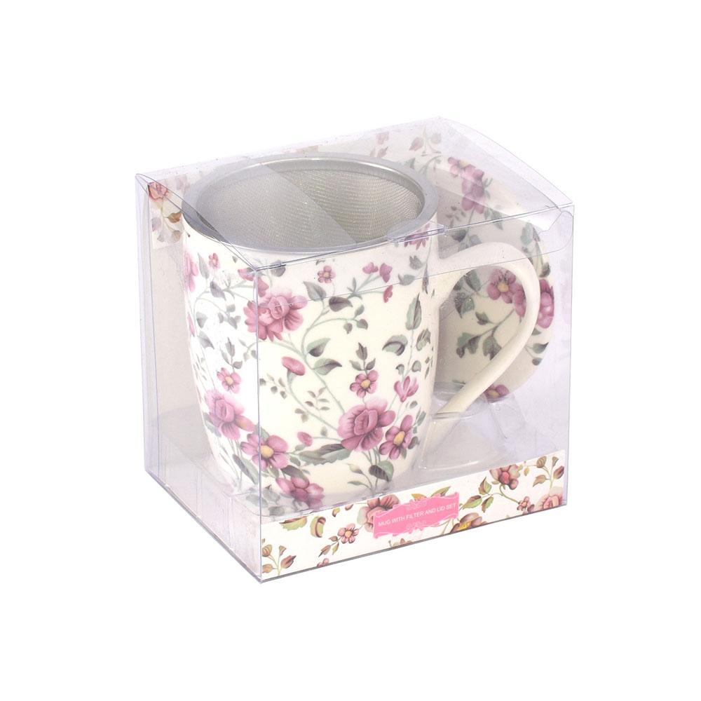 Tea Herb Mug Cup with Infuser and Lid 12fl oz - Pink Flowers | Biokoma.com